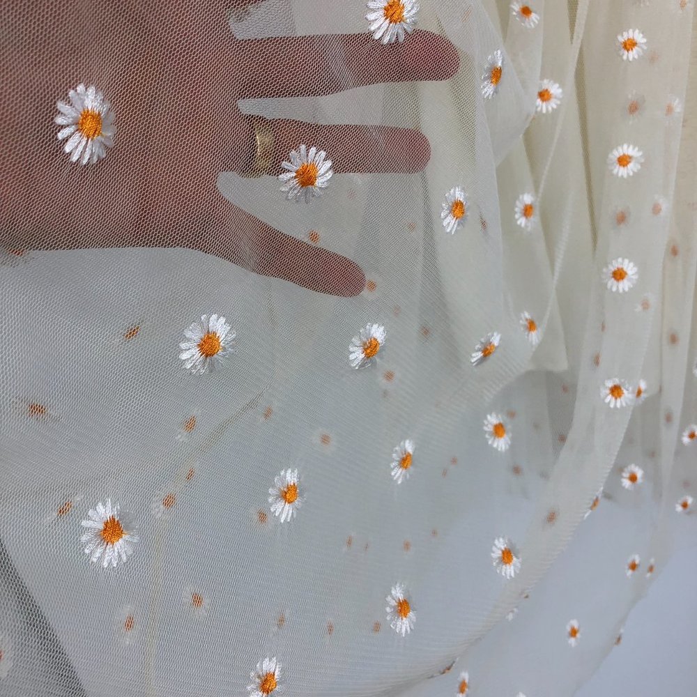 Ivory Puff Sleeve Tulle Mesh Smocked Chest Daisy Embroidered Dress - Picture 11 of 15